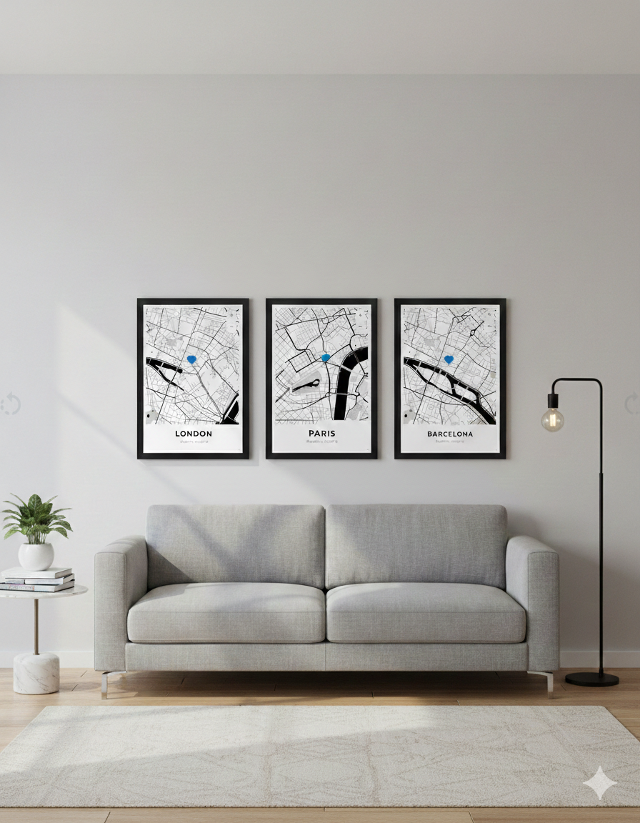 Custom map wall art of London and Paris displayed in a modern living room